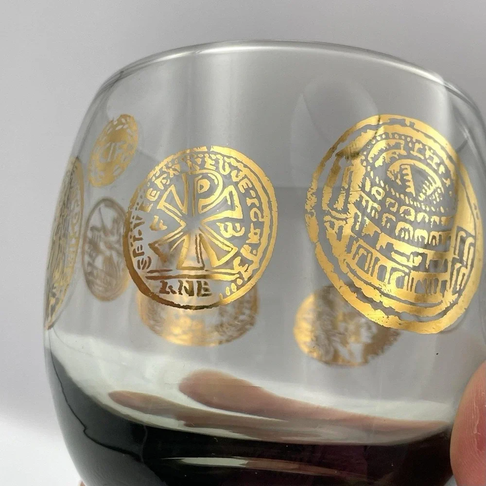 Vintage 1971 Federal Glass Roma Coins Roly Poly Tumblers‎ Set Of 2 Smoky Gray
